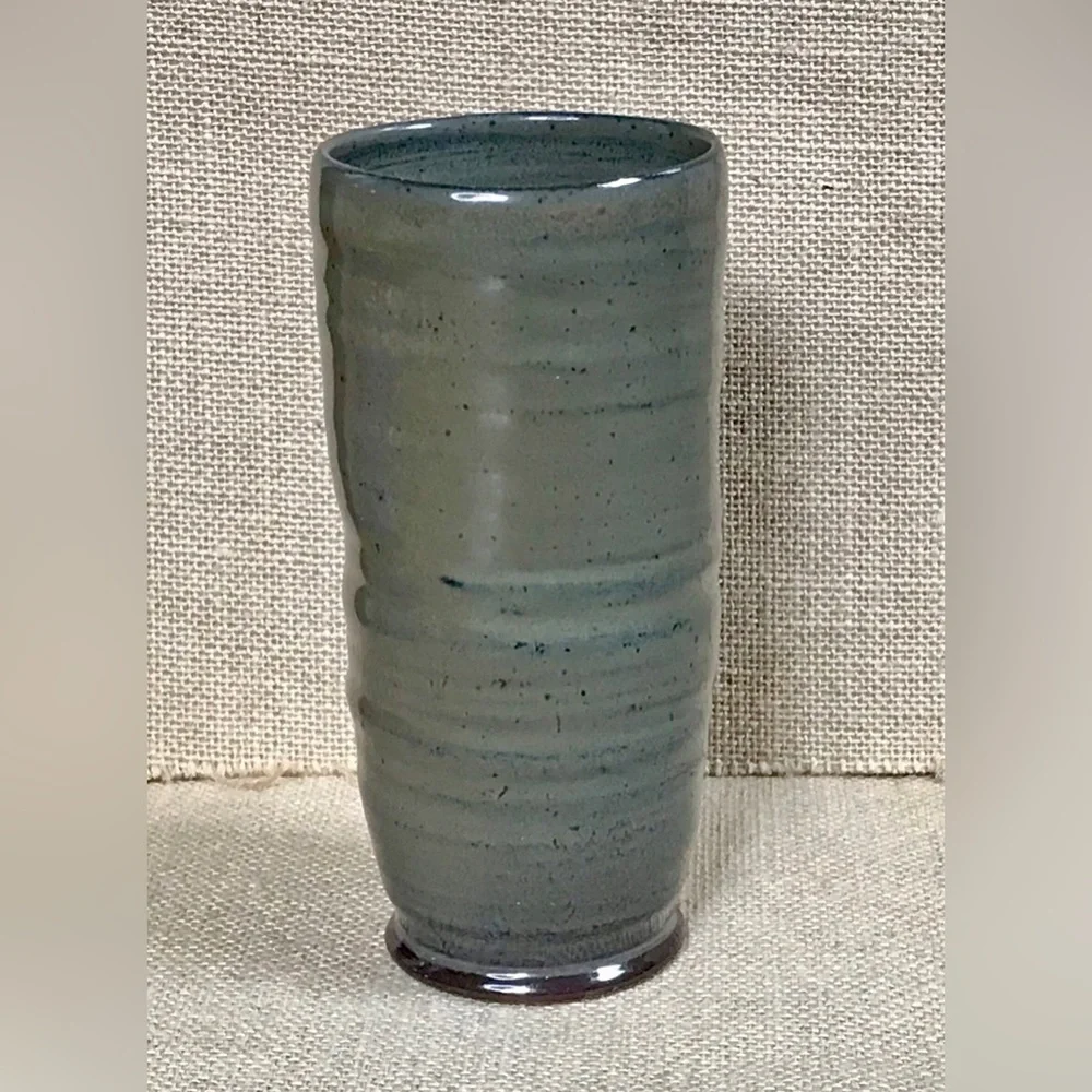 Olive Green Blue Cylinder Vase Art Pottery Cottage Goblin Core Boho Neutral